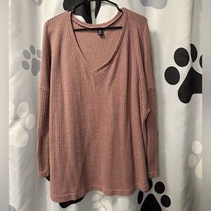 SHEIN Curve, V-neck Waffle Long Sleeve Tee, Maroon, Size 3XL